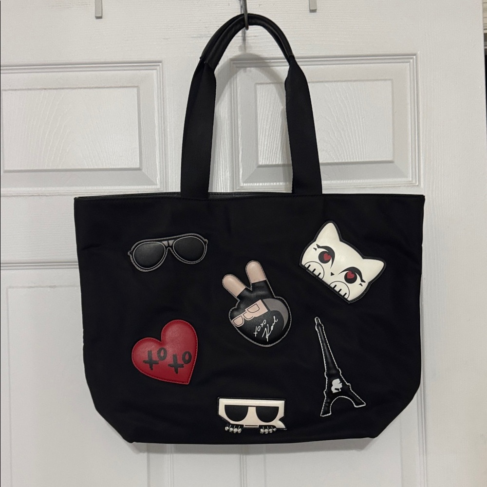 Karl Lagerfeld Amour Nylon Black Tote with Fun Patches